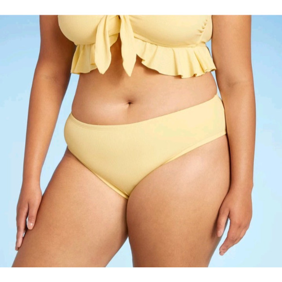 Juniors Plus Size Ribbed Cheeky Hipster Bikini Bottom Lt Yellow 2X - Picture 1 of 7